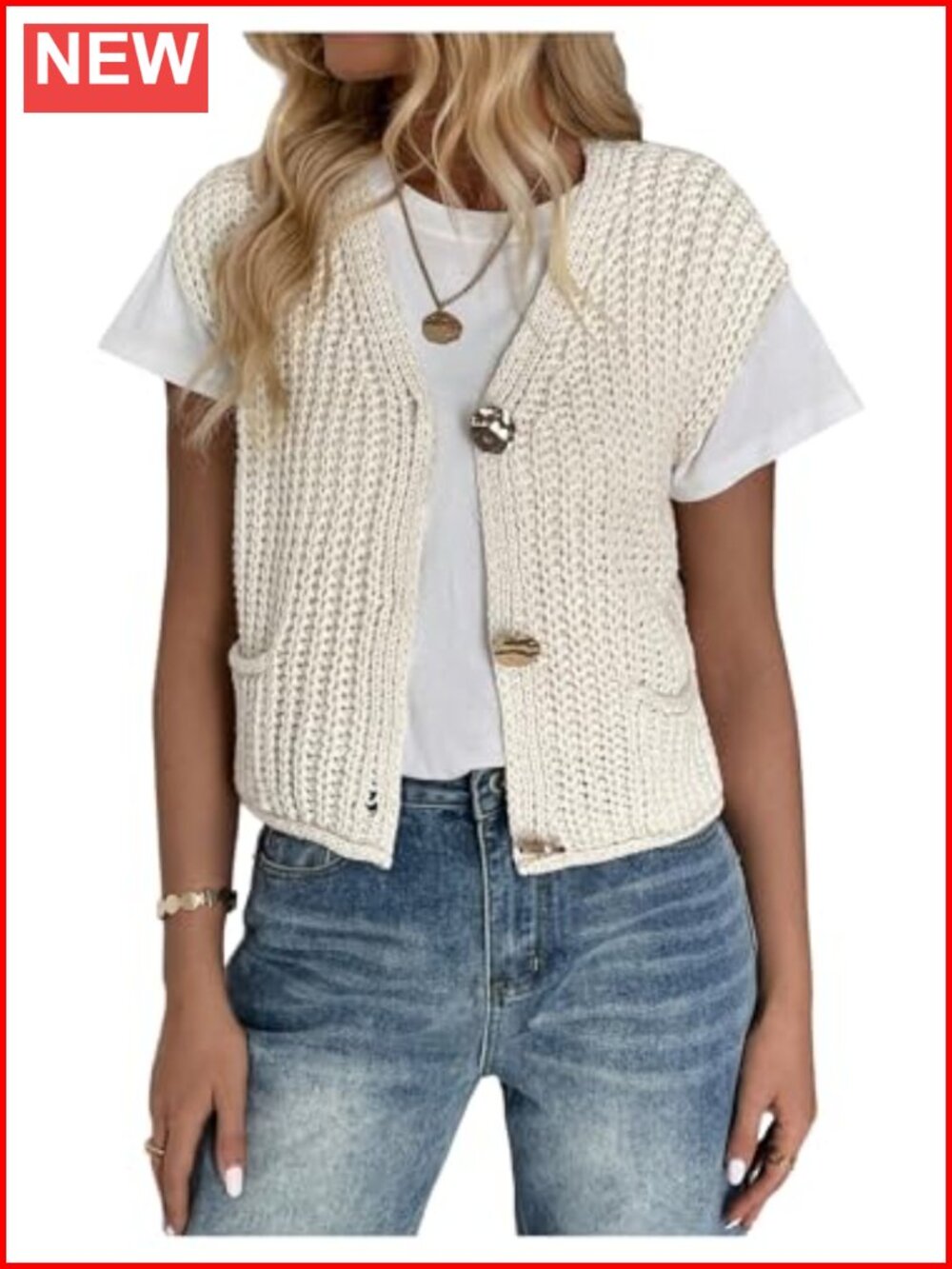 Women's Button Up Chunky Sweater Vest Sleeveless V Neck Knit